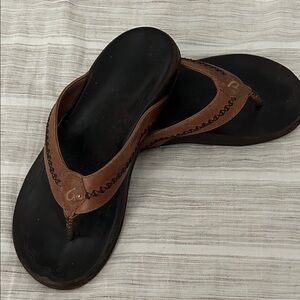 Olukai Brown Leather Flip Flops